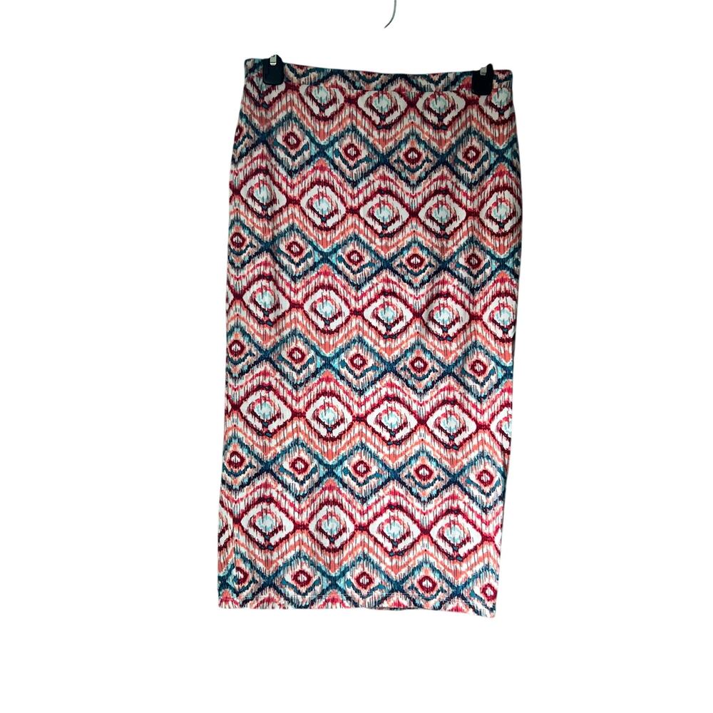 Matty M Geometric Graphic Pencil Midi Skirt Size Small Tribal Print Coral
